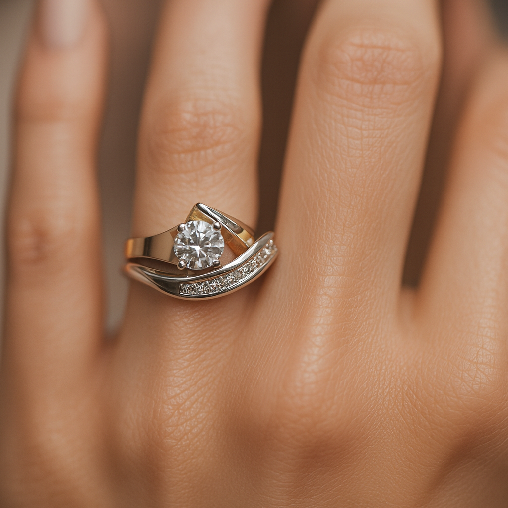 Karla - Anello vintage asimmetrico in oro e argento con zirconi