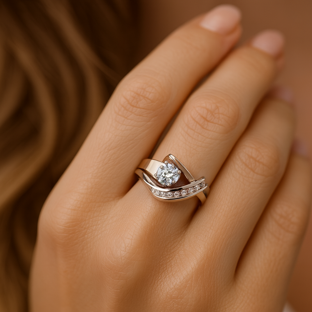 Karla - Anello vintage asimmetrico in oro e argento con zirconi